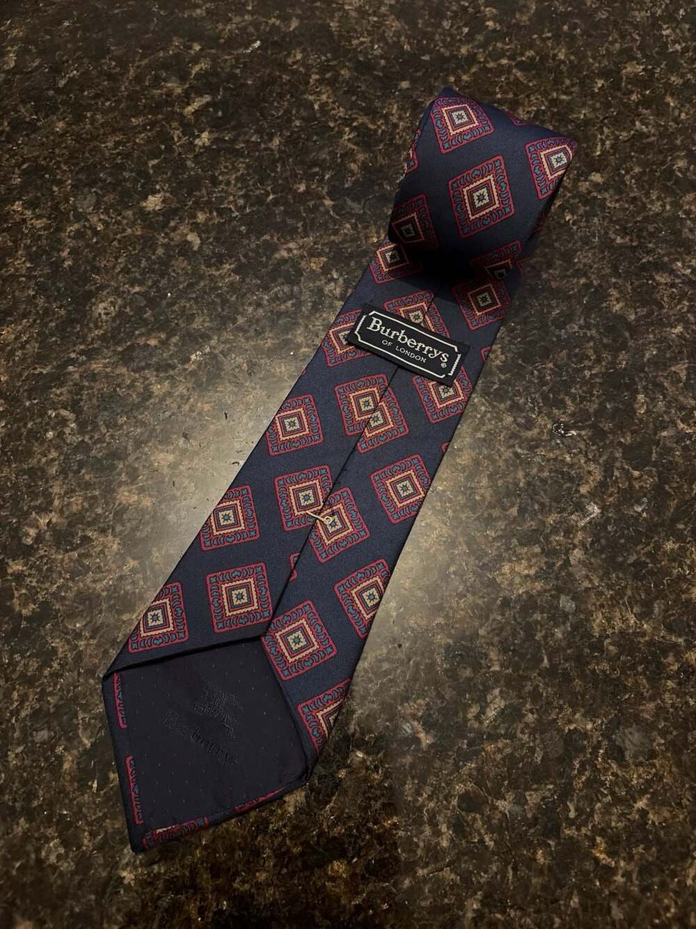 Vintage Burberrys of London Silk Tie Navy Blue Geometric Diamond Medallion Patte